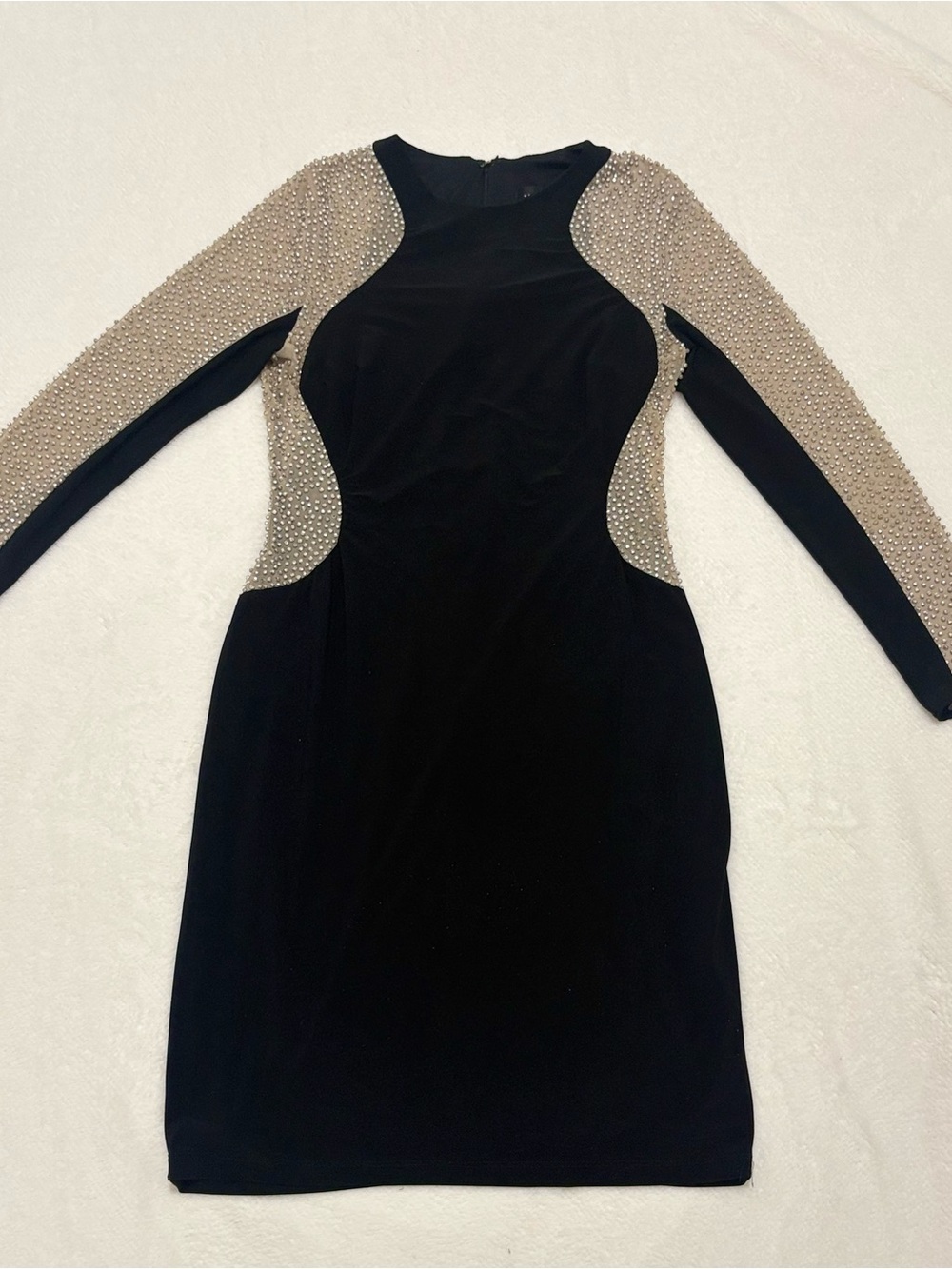 Xscape Black Bodycon Dress with Nude Pearl-Embellished Sleeves